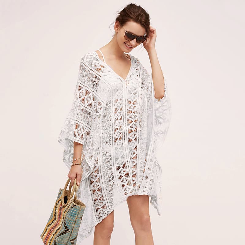 Beach Bikini Sun protection Clothes Solid Color Backless Casual Long Skirt Sexy Hollow Knitted Cover up