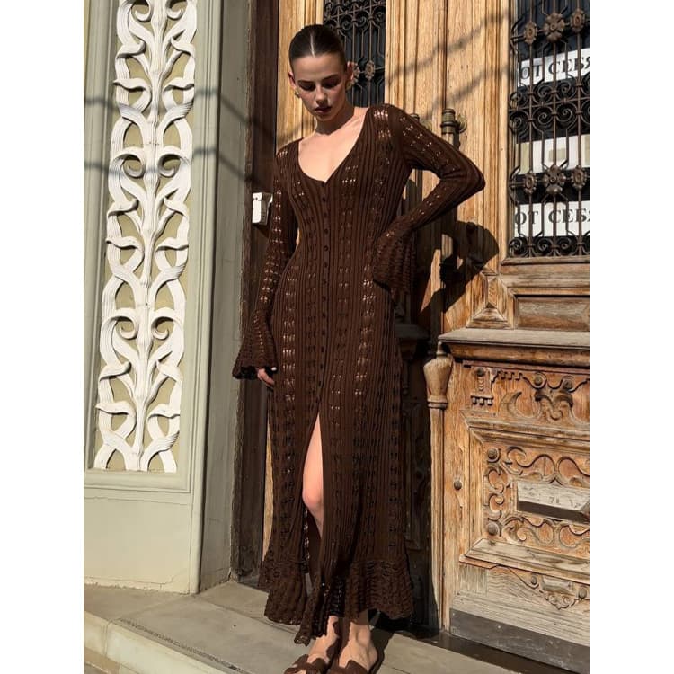 Ruffled Knit Dress Wholesale Simple Hollow Dress Custom logo Solid Color Long Dress Factory Direct