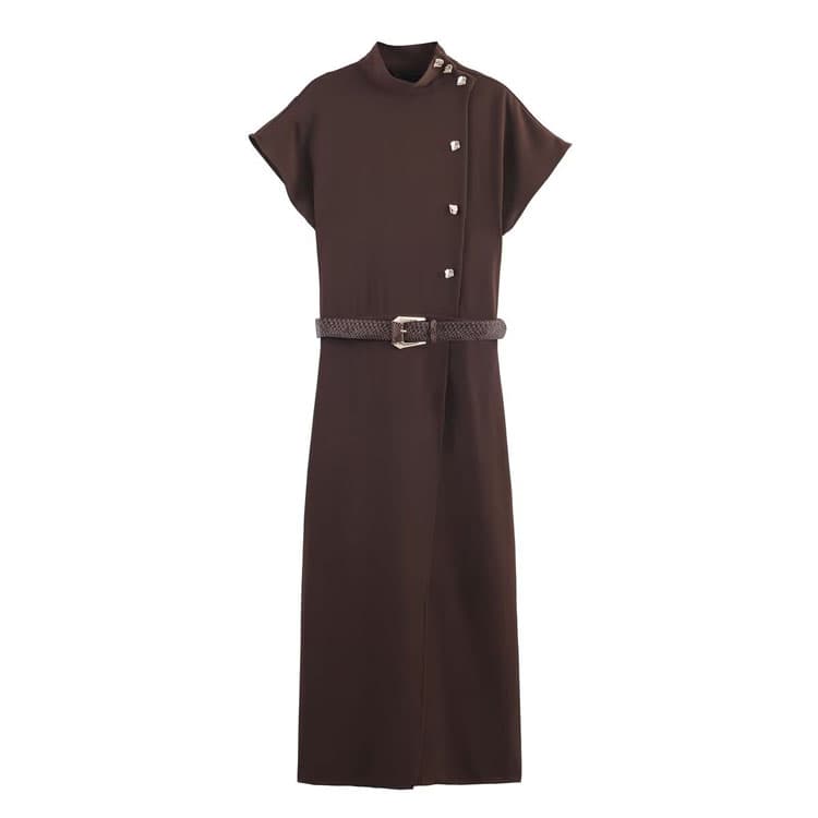 Brown Casual Dress Fitted Waist Long Dress Commuting Daily with Metallic Accessories and Stylish Belt