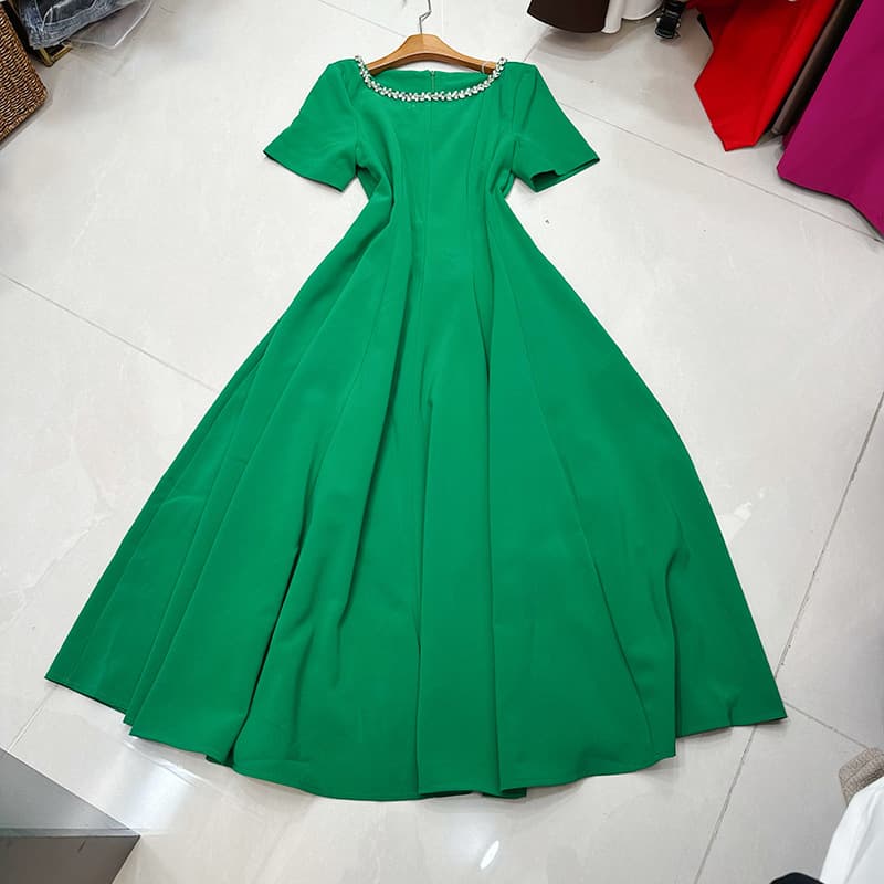 Wenshuo Beaded Short Sleeve Dress Wholesale Simple Solid Color Dress Custom logo Elegant Long Dress Factory Direct