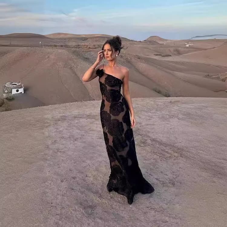 2024 Hot Selling 3D Flower Spaghetti Straps Sexy Long Dress Black Flower Mesh Casual Dress Backless Women Bodycon Dress