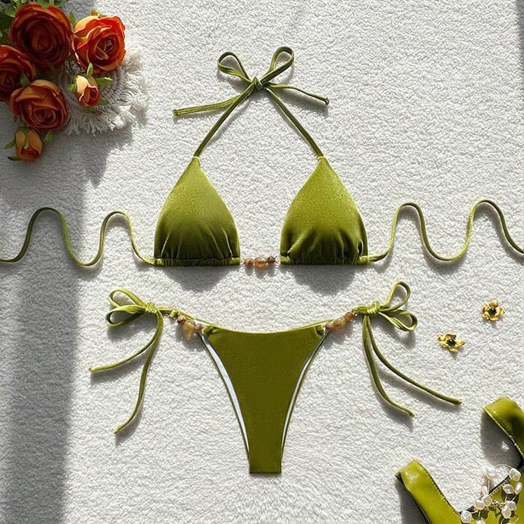 Wholesale Green Triangle Bikini Sexy Bandage Beach Swimwear Classic Stone Beaded String Bikini Swimwear