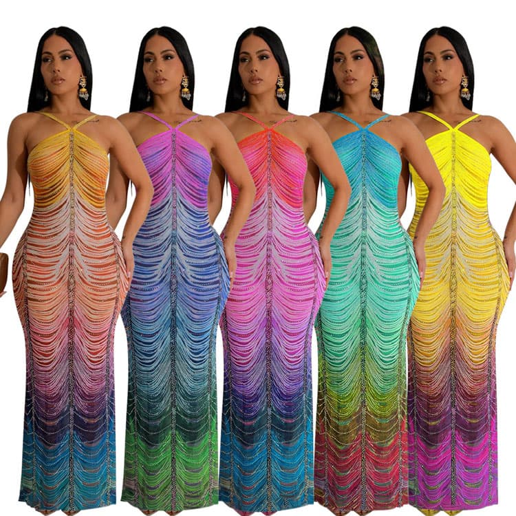 Striped Gradient Long Dress Custom logo Sexy Halter Neck Knit Dress Wholesale Casual Rhinestone Dress Factory Directly
