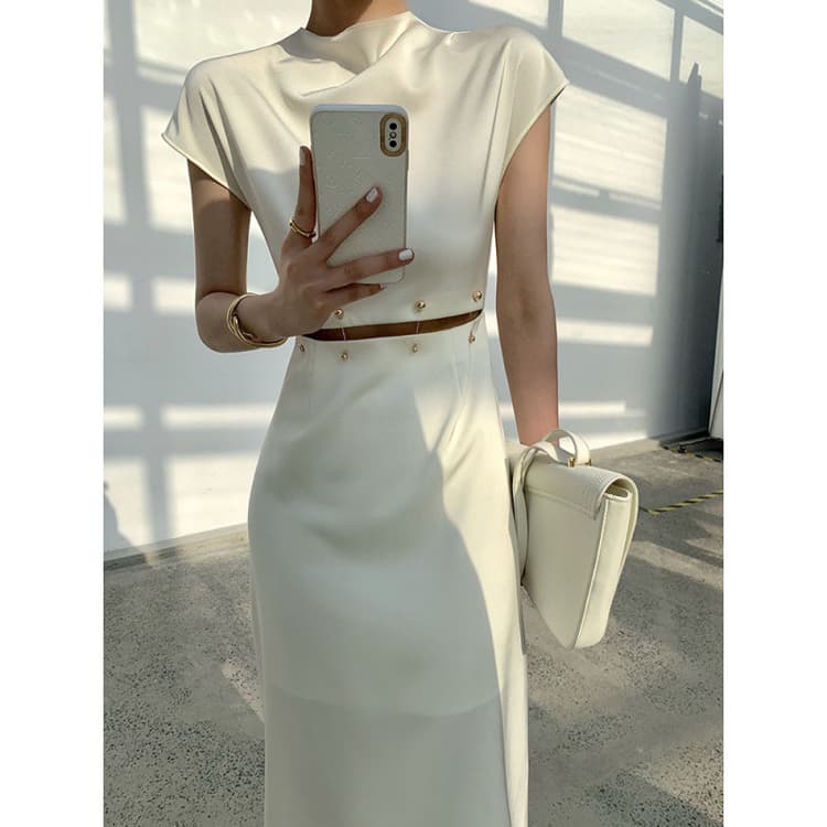 Summer Solid Dress Long French Elegant Dresses Fashion Detachable Beaded Waist Dresses