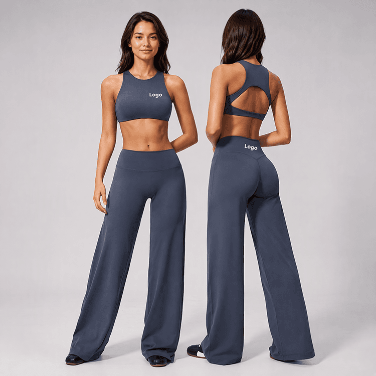 Nylon Brushed Workout Set Custom Logo Crop Top and Wide Straight Legging Women 2 Piece Yoga Set