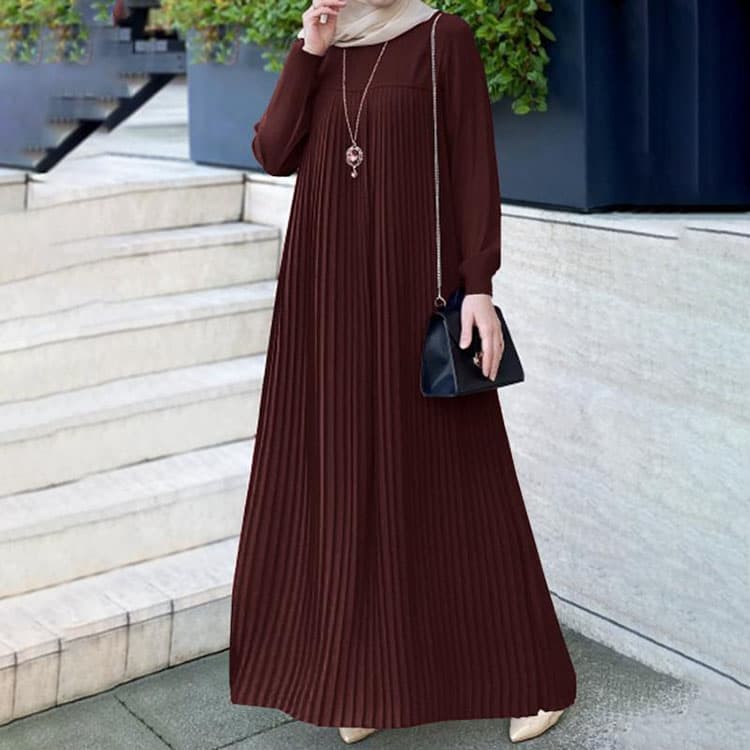 2023 Muslim Women Arabian Style Elegant Pleated Skirt Solid Color Round Neck Long Sleeve Pleated Dress