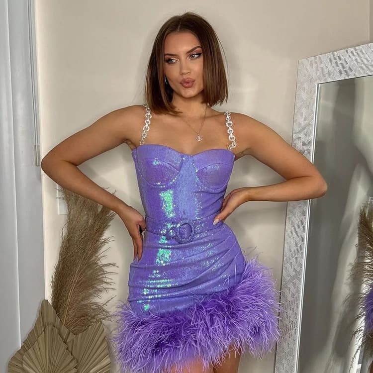 Wenshuo Sparkling Feather Skirt Wholesale Sexy Club Slip Dress Custom logo Stylish Slim Fit Mini Skirt Factory Direct