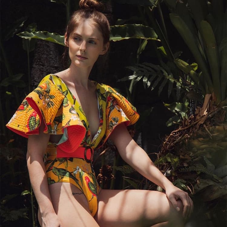 New Ruffled Swimsuit Bandage Bikini Backless Beachwear High Waist Printed Swimwear