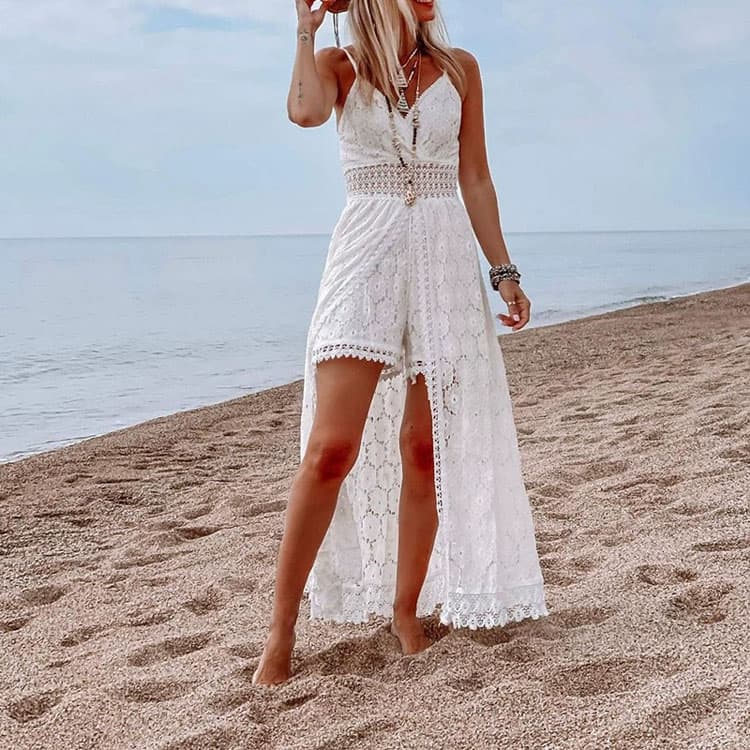 2025 New Sexy Women Dress Spaghetti Straps Casual Jumpsuit Holiday Hollow Jumpsuit Flower Lace Holiday Dress