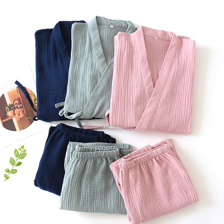 100% Cotton Casual Pajama Set Wholesale V Neck Kimono Top Custom logo Elastic Straight Pants Factory Direct