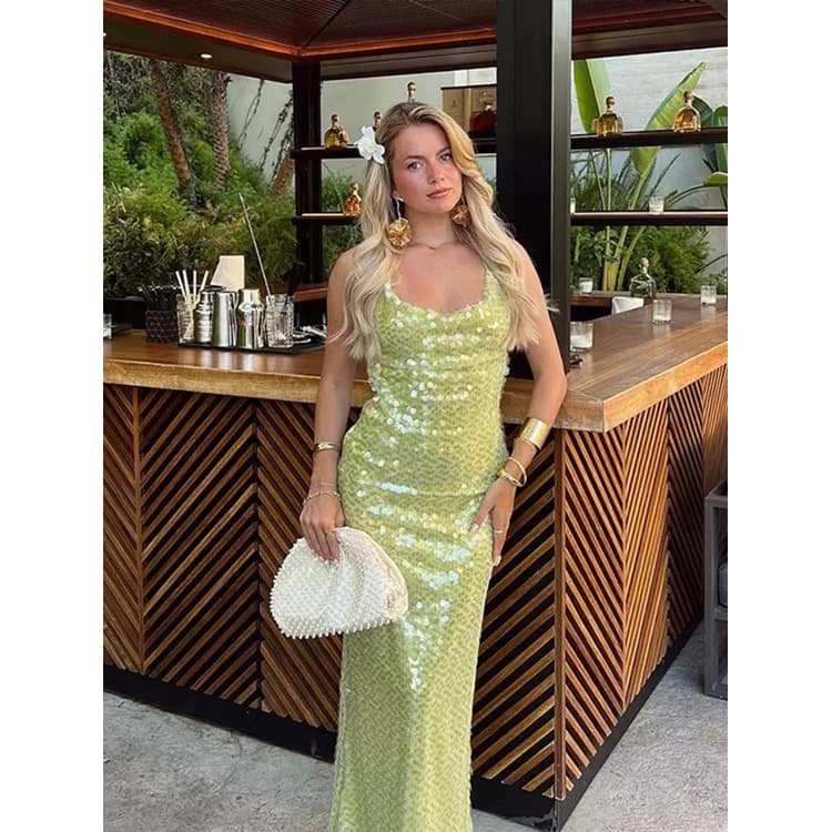 Wenshuo Sequined Sexy Dress Wholesale Stylish slip Maxi Dress Custom logo Backless Club Dress Factory Direct