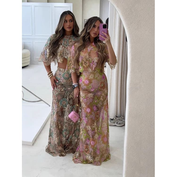 Embroidered Floral Dress Custom logo Breathable Mesh Dress Factory Direct Stylish Long Dress Set Wholesale