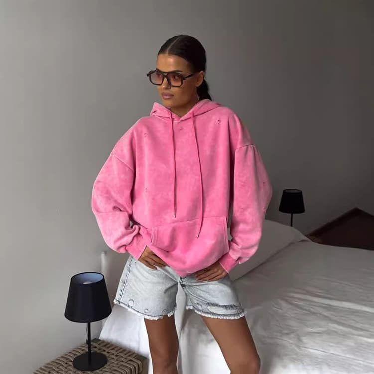 Wenshuo Washed Distressed Women Top Wholesale 100% Cotton Hooded Sweatshirt Custom logo Winter Warm Sweatshirt Factory Direct