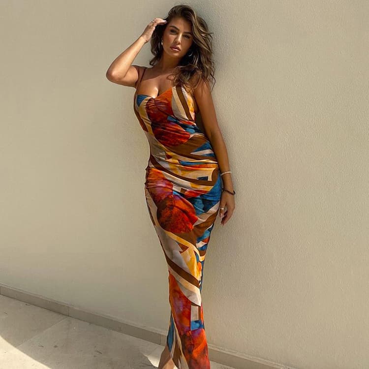 2024 Summer Color Patchwork Holiday Dress for Women Backless Print Dress Spaghetti Strap Irregular Geometric Pattern Long Dress