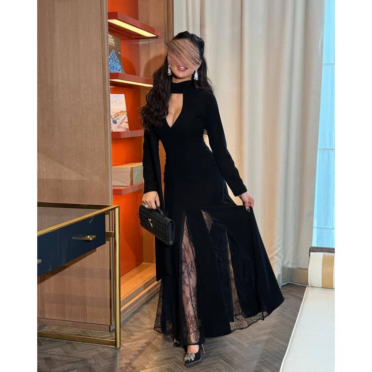 Lady Black Mesh Dress Round Neck Lace Trimmed Long Sleeve Slim Retro Women Dress High Quality Evening Dress