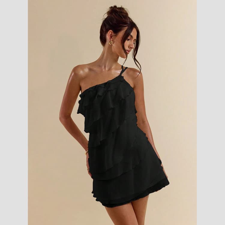 Wenshuo One Shoulder Ruffle Dress Wholesale Multi Layered Short Dress Custom logo Fashion Tiered Skirt Factory Direct