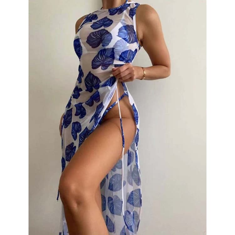 New Arrival Sexy Three Piece Swimsuit Two Piece Bikini With Cover up Blue Color Flower Printing Swimwear