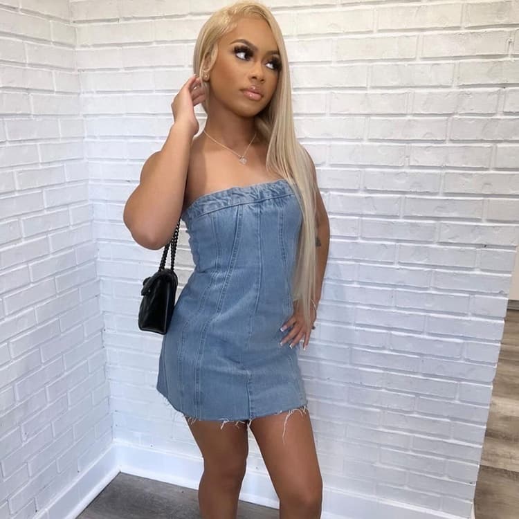 Women Sexy Backless Denim Dress Stretchy Washed Bodycon Mini Dress with Back Zipper Sleeveless Casual Clubwear