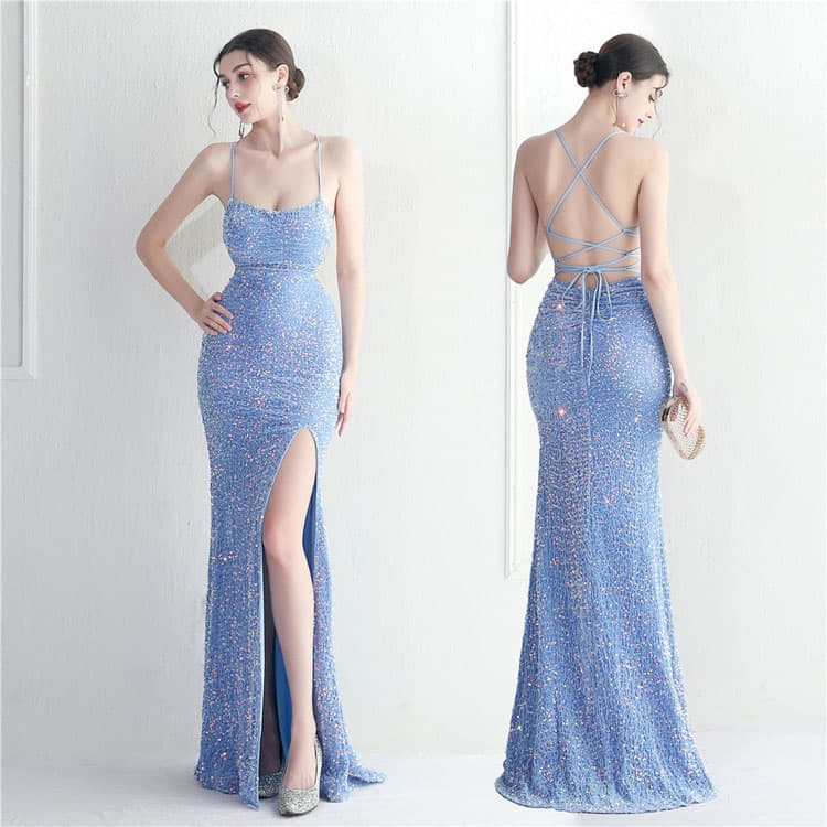 Sequined slip Mermaid Dress Wholesale Backless Sexy Maxi Dress Custom logo Sparkling Split Evening Dress Factory Directly