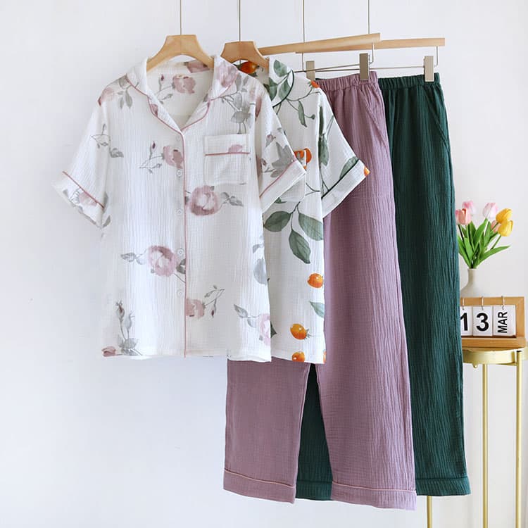 Printed Pajama Set Custom logo Short Sleeved Top Wholesale Solid Pants Factory Directly