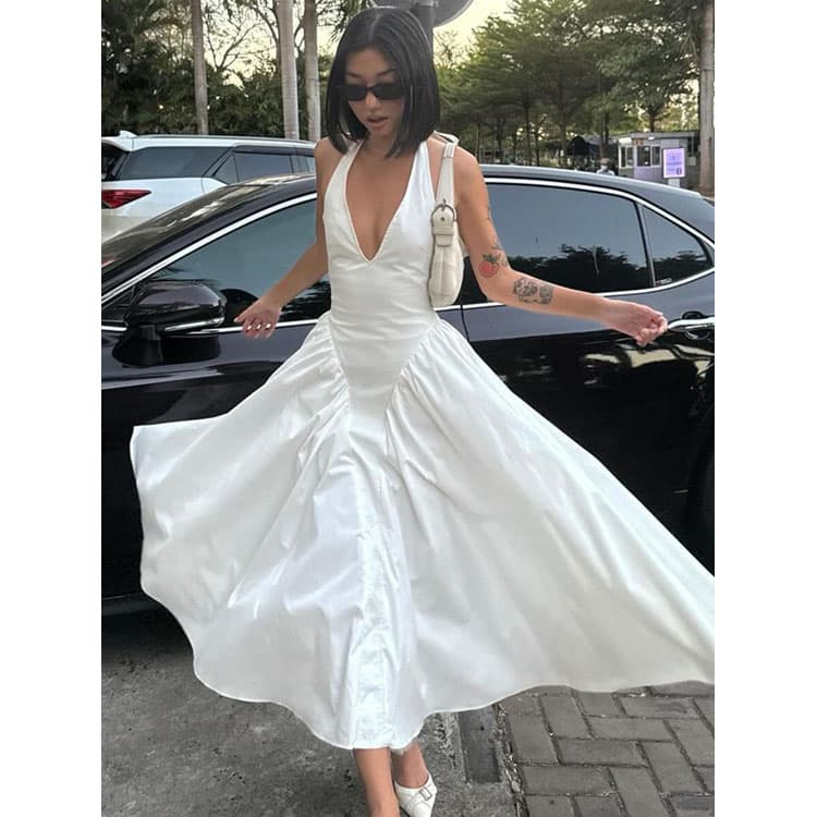 Solid Color Casual Dress Custom logo Hallet Neck Sleeveless Dress Wholesale Loose Long Dress Factory Direct