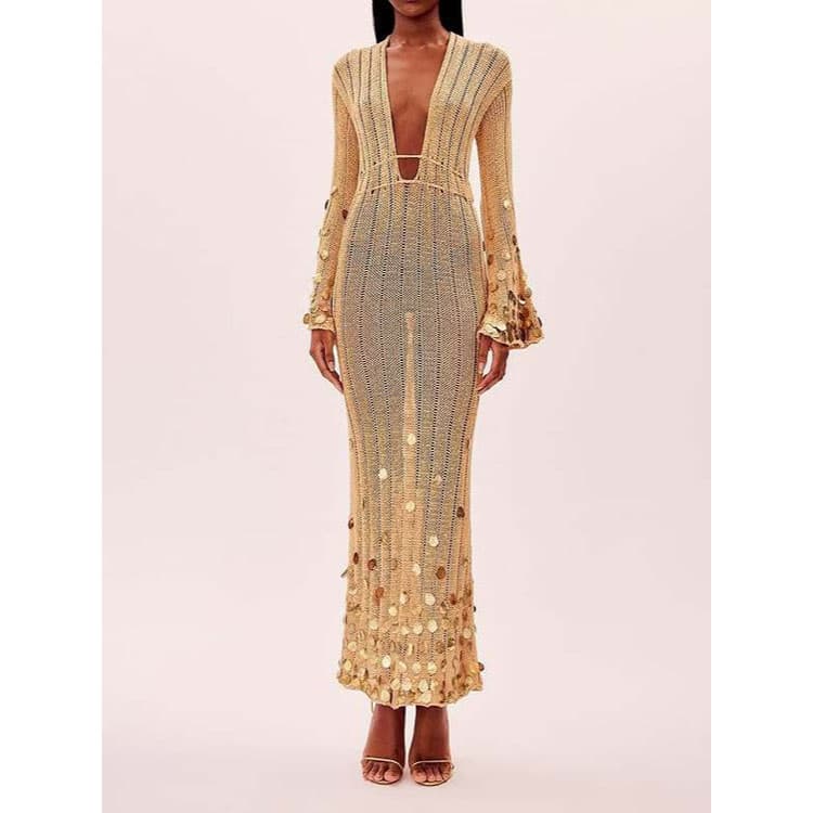 Sequined Knit Dress Wholesale Deep V Neck Long Sleeve Dress Custom logo Drawstring Beach Dress Factory Directly