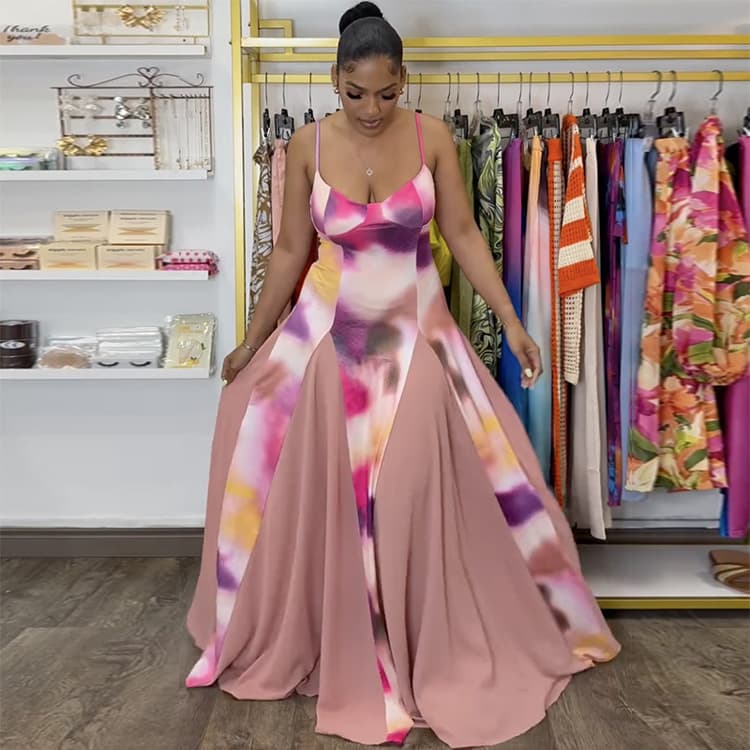 Wenshuo Printed Maxi Dress Wholesale V Neck slip Dress Custom logo Backless Loose Dress Factory Direct