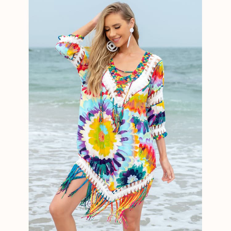 Printed Beach Cover up Wholesale Colorful Tassel Cover up Custom logo V Neck Bikini Cover up Factory Directly