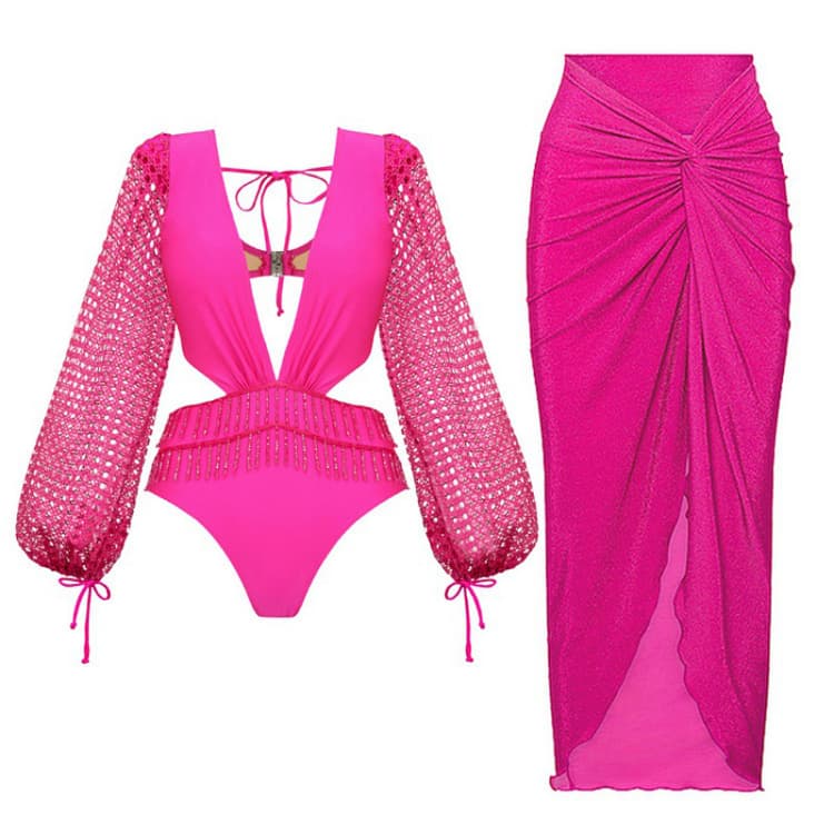 Hot Sell See Through Hollow Rose Red New Sexy Swimsuit Set 2024 Glitter Beach Bikini Set WITH COVER DRESS