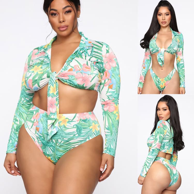 New Flower Printed Bikini Set Long Sleeve Trajes De Bao Plus Size Bikini Beachwear