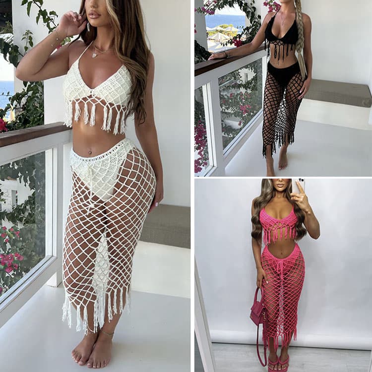 Wholesale Solid Color Beach Crochet Bikini Sexy Hollow Out Hand Hooked Swimsuit Long Tassel Beach Sexy Backless Bikini Set