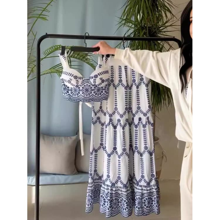 Slip Printed Dress Set Factory Direct Ribbon Waist Baring Dress Custom logo Stylish Elegant Maxi Dress Wholesale