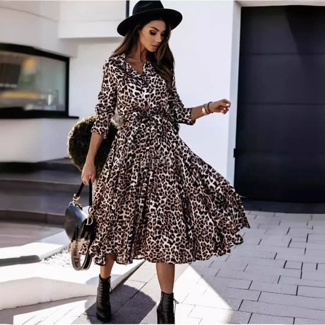 Large Hem Long Skirt Wholesale Leopard Print Casual Skirt Manufacturer Lapel Dress Factory Directly