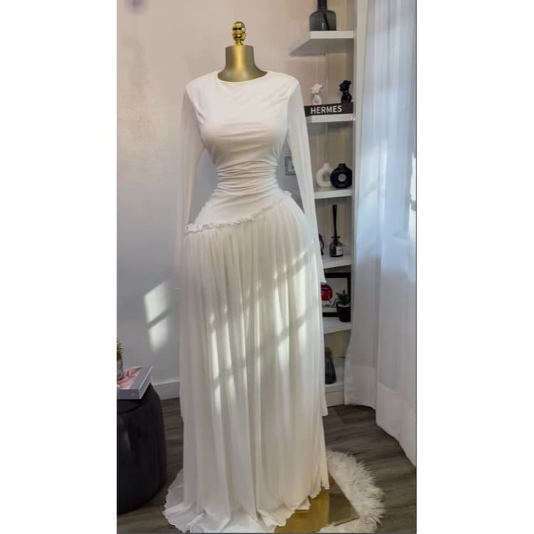 S to 2XL Elegant Long Sleeve Ruffle Hem Bodycon Dress Stretchy Solid Color Maxi Dress