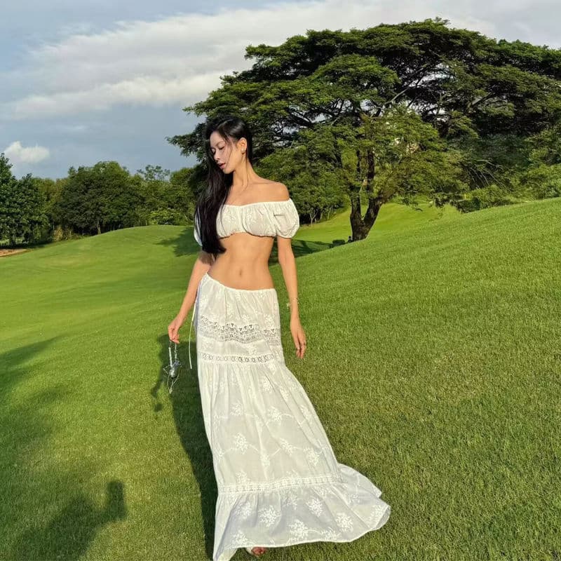 Wenshuo Hollow Embroidered Dress Wholesale Sexy off the Shoulder Dress Custom logo Loose Long Dress Factory Direct