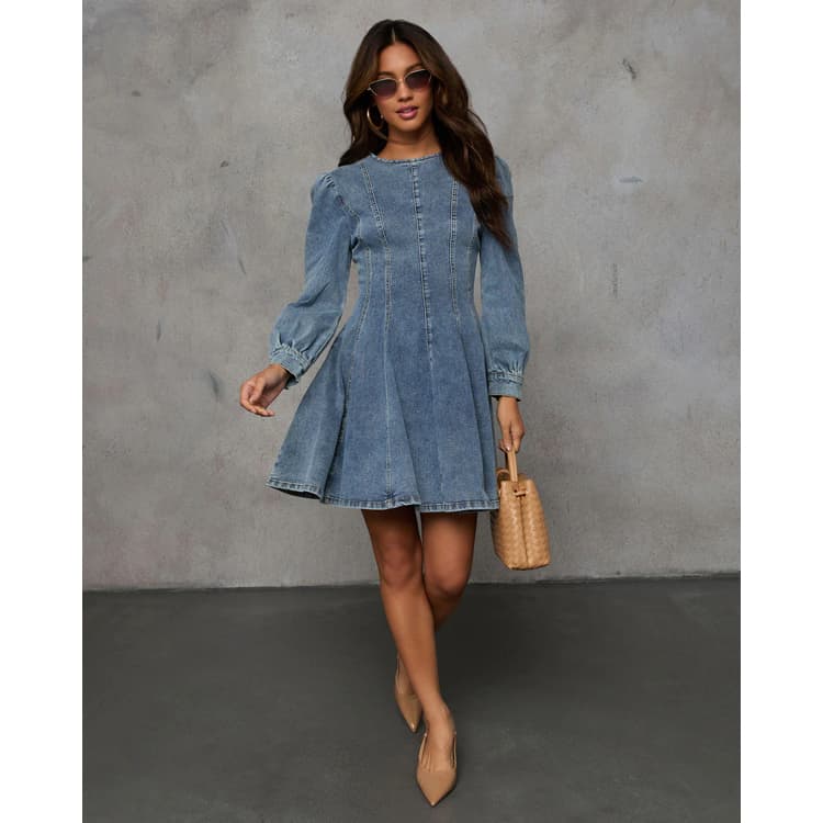 Elegant Autumn Collection Long Sleeve Denim Patchwork Dress with Zipper