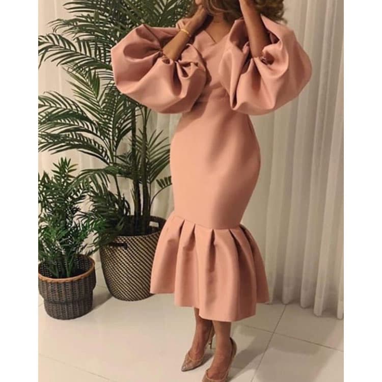 2025 New Style African Fashion Solid V Neck Large Dress Bubble Long Sleeve Fishtail Dress