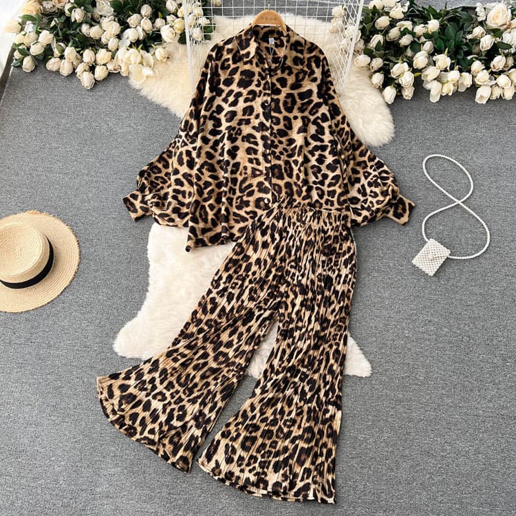 Leopard Print Women Suit Factory Direct Long Sleeve Lapel Top Custom logo Elasticated Loose Trousers Wholesale