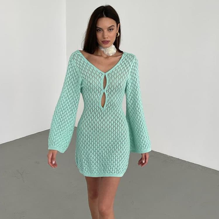 Personalized Design Hollow Crochet Coverups Women Vacation Sexy Long Sleeve Dress Skirt