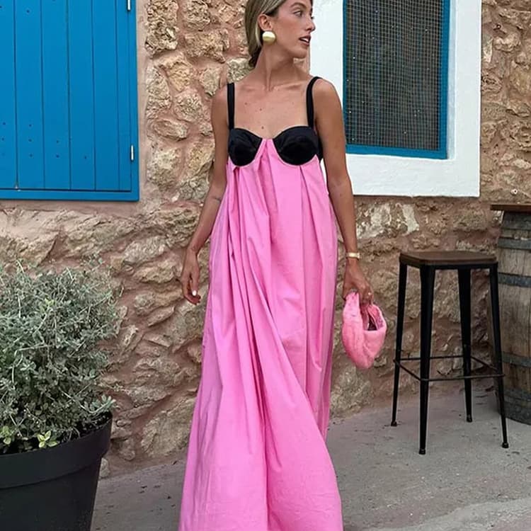 Summer 2024 New Most Popular Dress Style Women Hot Style Colorblock Design Casual Dress Backless Sleeveless Halter Dress