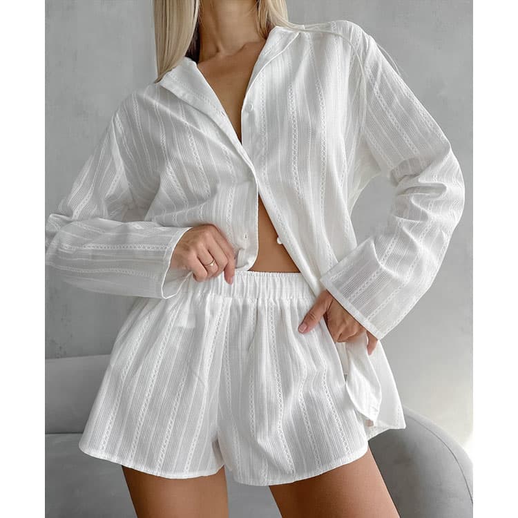 Loose 100% Cotton Pajama Set Custom logo Casual Long Sleeve Loungewear Wholesale Elasticated Solid Color Shorts Factory Directly