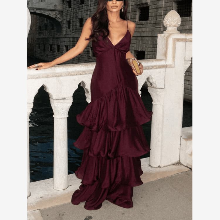 Wenshuo Solid Color Evening Dress Wholesale Ruffle Tiered Dress Custom logo V Neck slip Dress Factory Direct