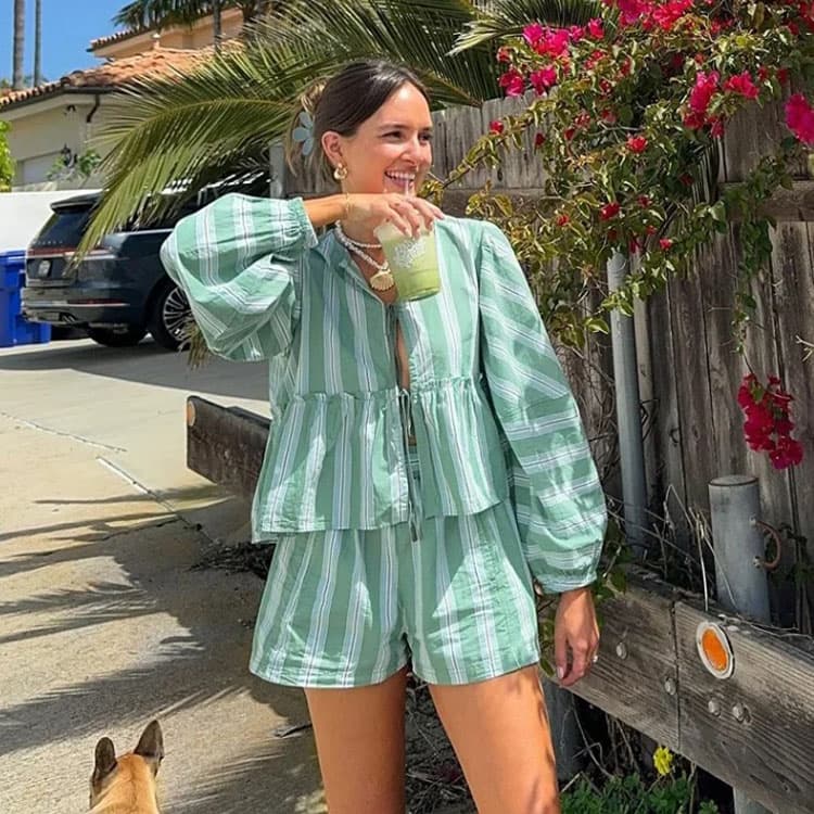Striped Drawstring Suit Custom logo Lantern Sleeve Shirt Suit Factory Directly Loose Shorts Women Suit Wholesale