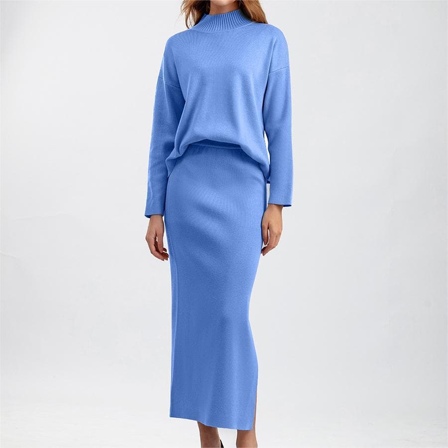 Solid Color Fashion Long Skirt Cotton Women Set Factory Directly Crew Neck Sweater Suit Wholesale