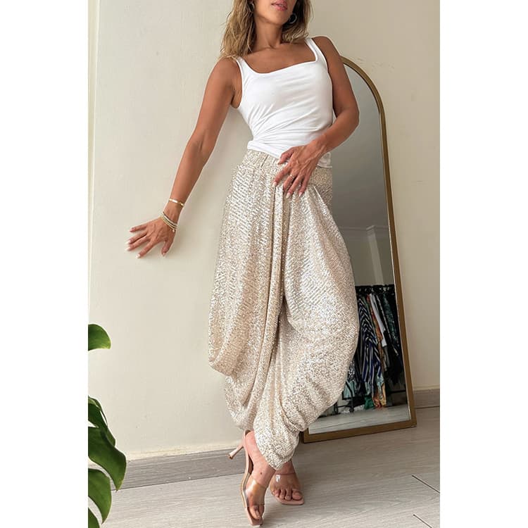 Wholesale Party Loose Sequin Pants INS Casual Elastic Waist Casual Lantern Pants