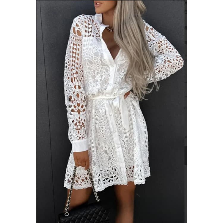 2026 New Women commuter Shirt Dress Belted Cardigan Lace Button Blouse Fit Waist Dress Women Casual Dress