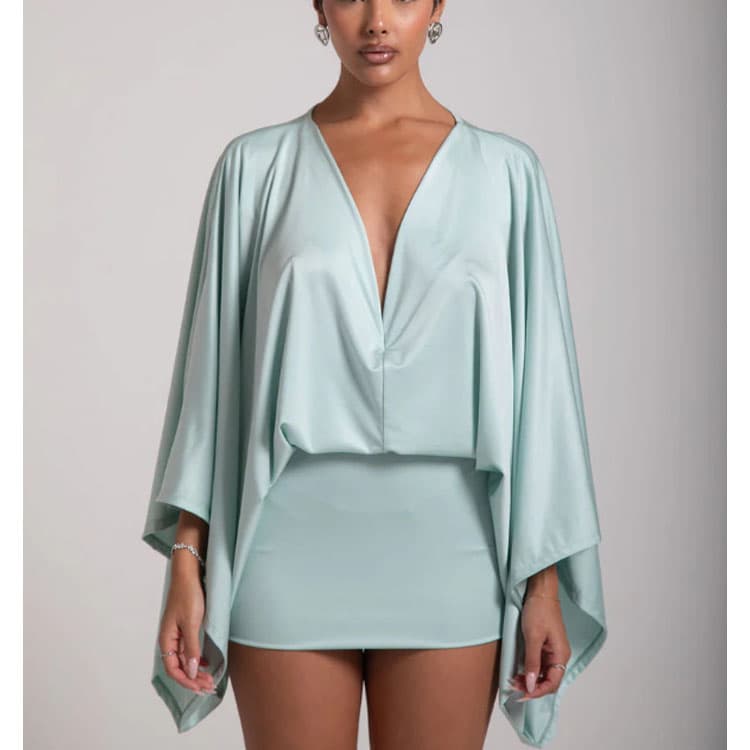 Summer New Women Casual Dress Elegant Solid Color V Neck Splicing Casual Mini Dress Women Outing Versatile Dress