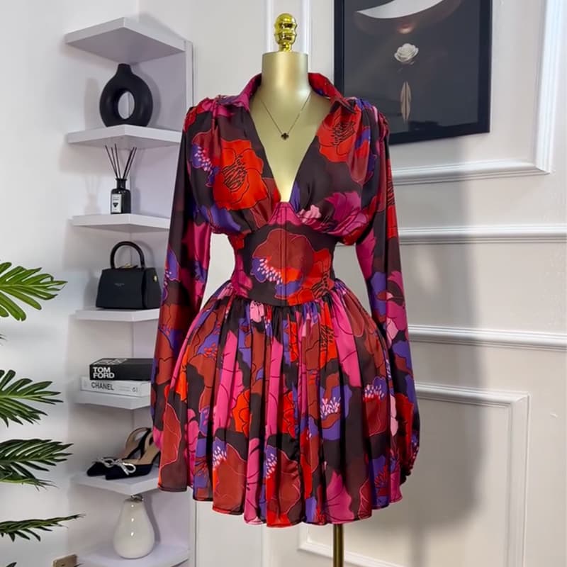 2026 Spring New Arrival Elegant Floral Print V Neck Backless High Waisted Mini Dress Plus Size Women Casual Dress