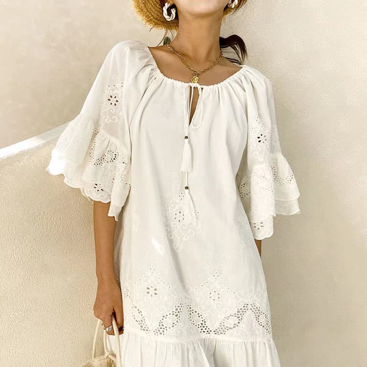 2023 Summer New Elegant Short Skirt Tassel Loose Dress Embroidery Ruffle Short Sleeve Dress Holiday