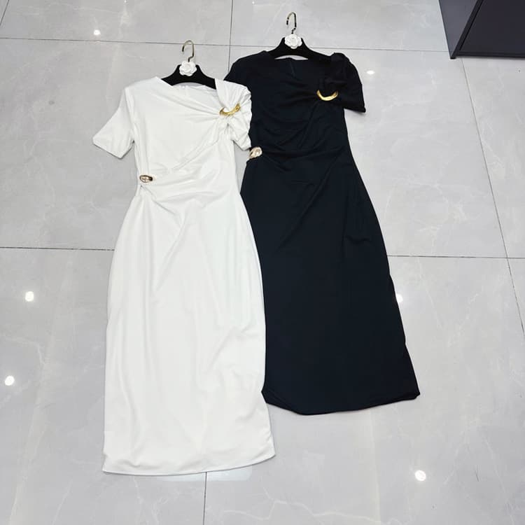 Wenshuo Metal Buckle Dress Wholesale Simple Solid Color Dress Custom logo Elegant Solid Color Dress Factory Direct